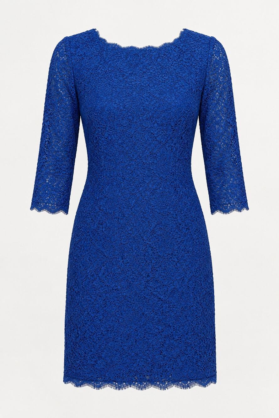 CACHE Royal Blue Floral Eyelash Lace Sheath Dress Size 10 3/4 Sleeve Cocktail